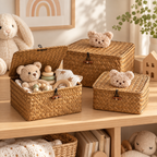 Cute Wicker Storage Baskets with Lids – Bear Decor Organizer Boxes for Toys, Accessories & Bedroom-cc-092404