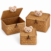 Cute Wicker Storage Baskets with Lids – Bear Decor Organizer Boxes for Toys, Accessories & Bedroom-cc-092404