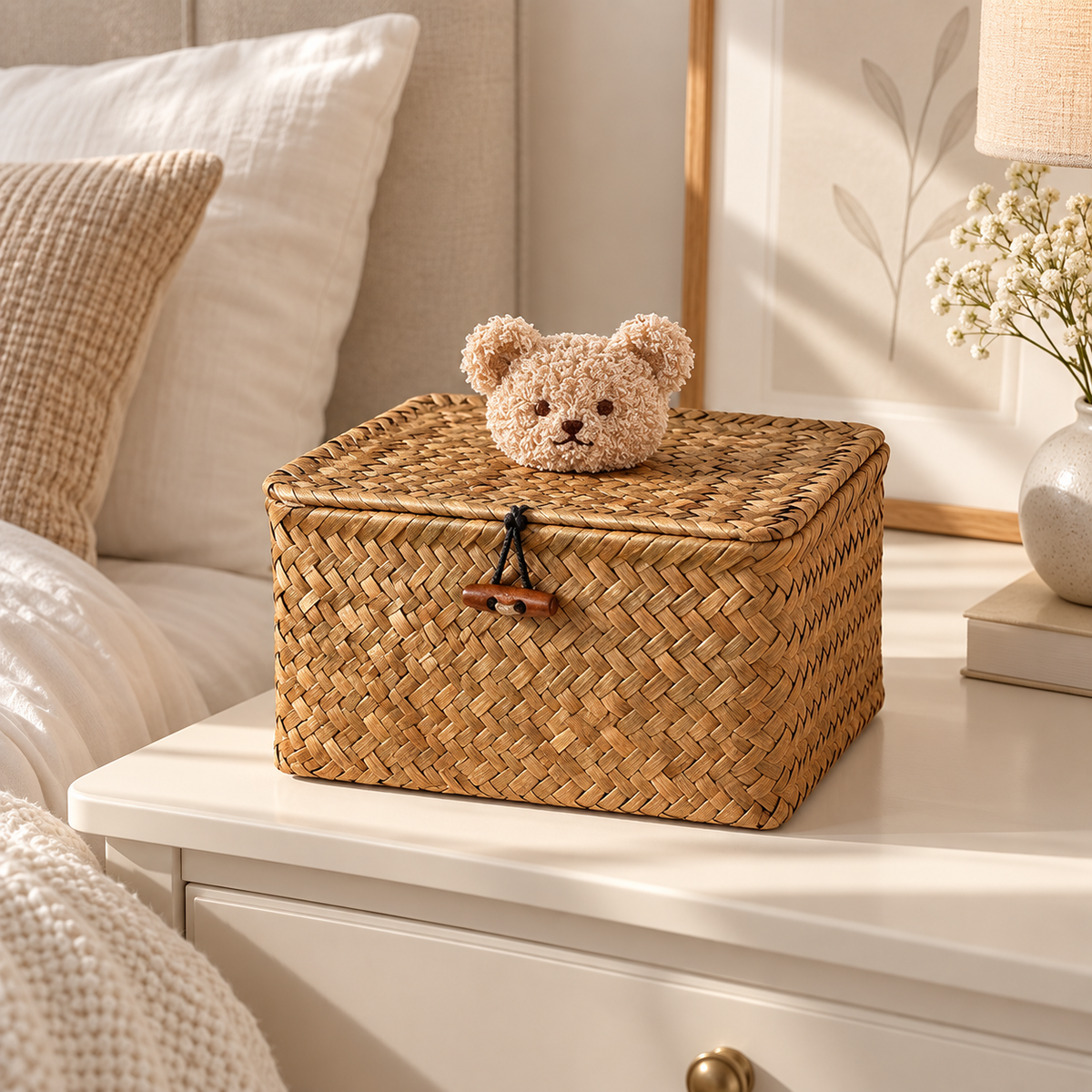 Cute Wicker Storage Baskets with Lids – Bear Decor Organizer Boxes for Toys, Accessories & Bedroom-cc-092404