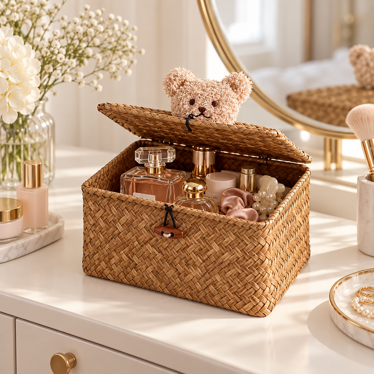Cute Wicker Storage Baskets with Lids – Bear Decor Organizer Boxes for Toys, Accessories & Bedroom-cc-092404