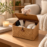 Cute Wicker Storage Baskets with Lids – Bear Decor Organizer Boxes for Toys, Accessories & Bedroom-cc-092404