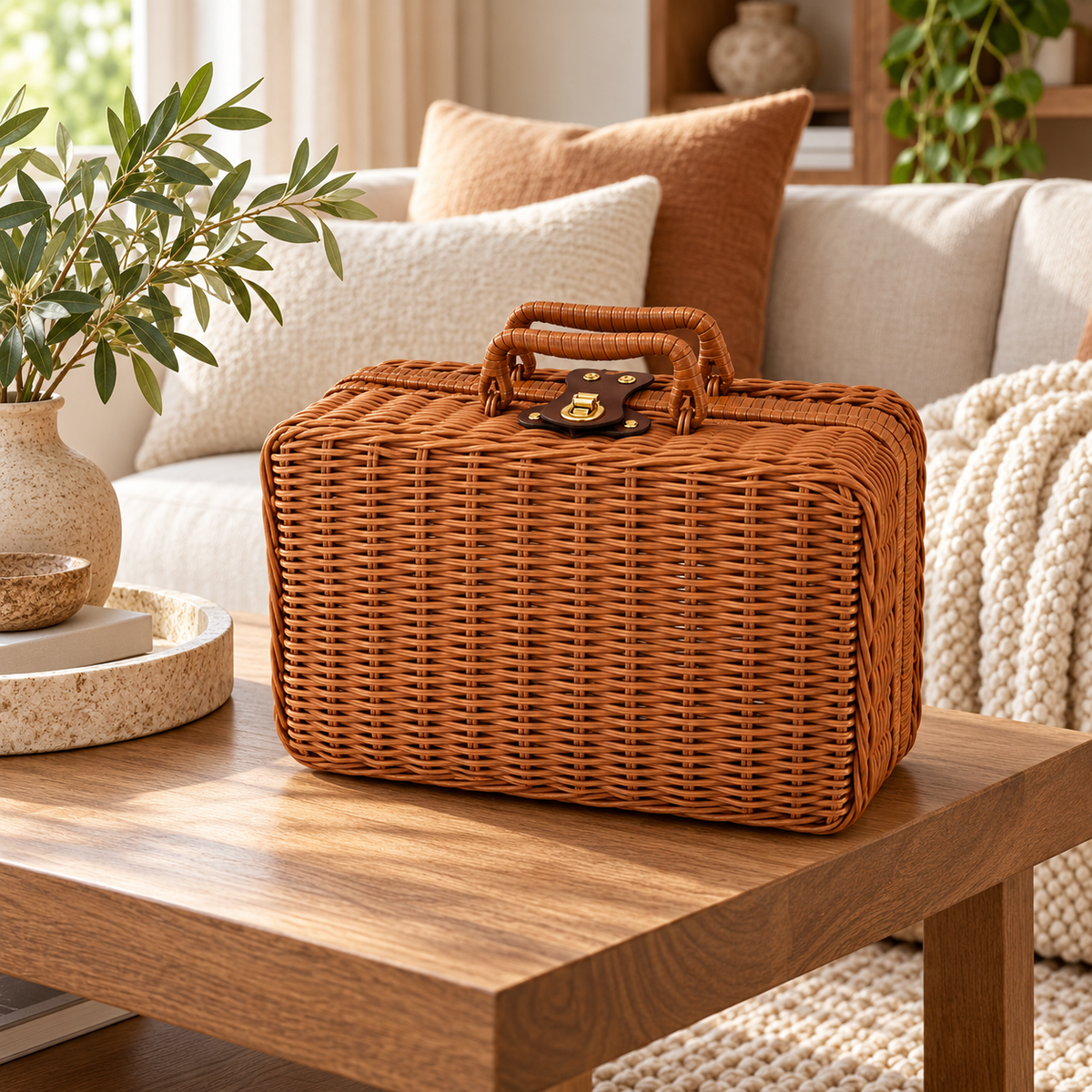 Wicker Storage Suitcase with Handle – Rattan Organizer Box with Lid & Clasp for Cosmetics, Accessories & Home Storage-cc-092405