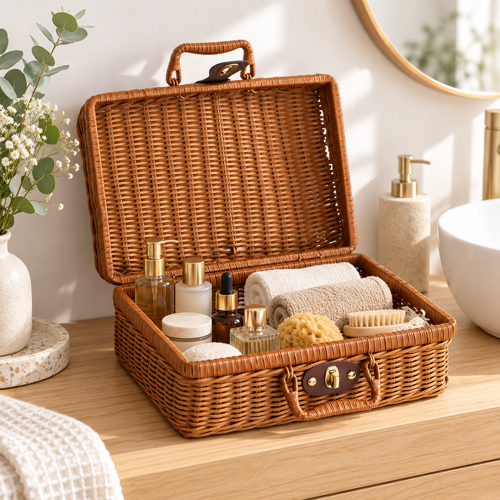 Wicker Storage Suitcase with Handle – Rattan Organizer Box with Lid & Clasp for Cosmetics, Accessories & Home Storage-cc-092405
