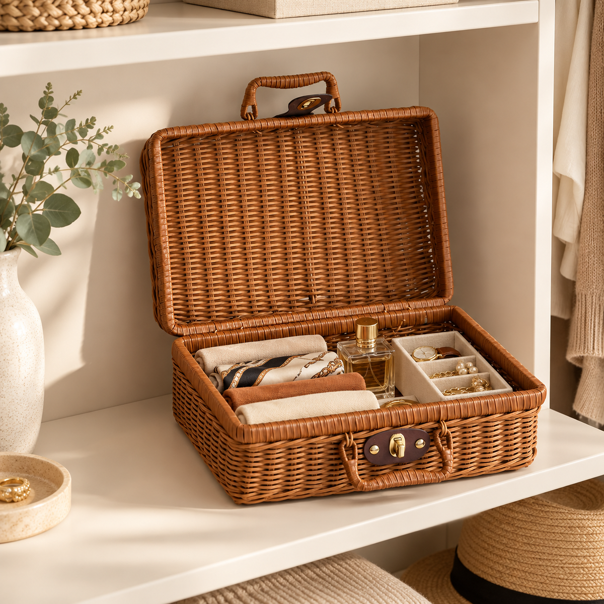 Wicker Storage Suitcase with Handle – Rattan Organizer Box with Lid & Clasp for Cosmetics, Accessories & Home Storage-cc-092405