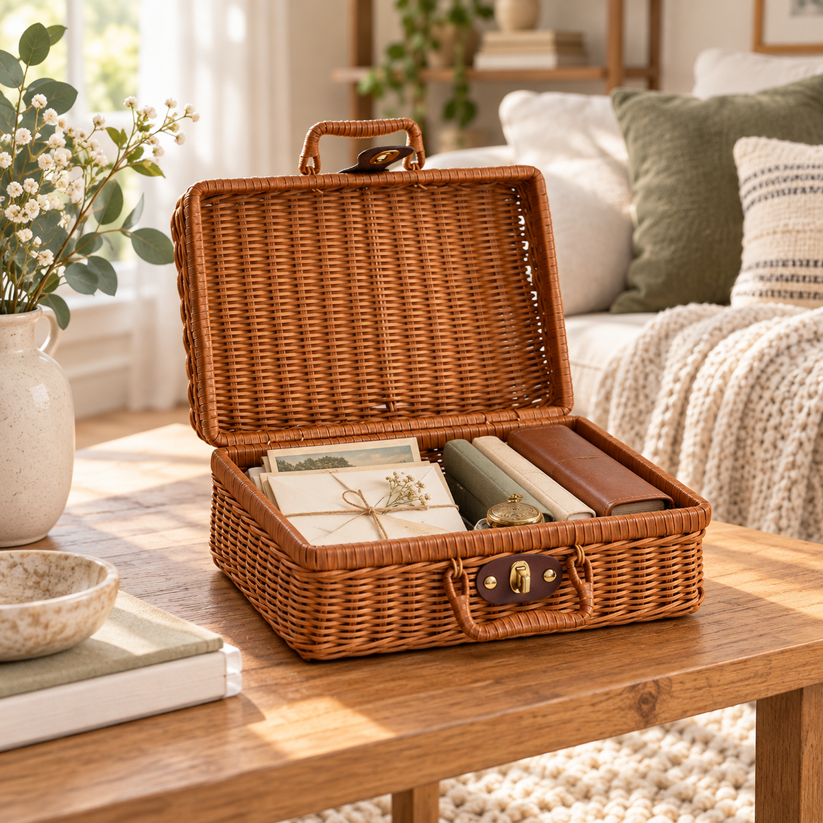 Wicker Storage Suitcase with Handle – Rattan Organizer Box with Lid & Clasp for Cosmetics, Accessories & Home Storage-cc-092405