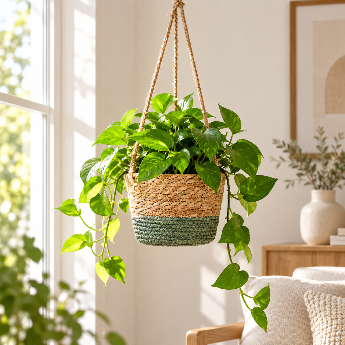 Woven Hanging Planter Basket with Rope – Boho Plant Holder for Indoor Plants, Flowers & Home Decor-cc-092406
