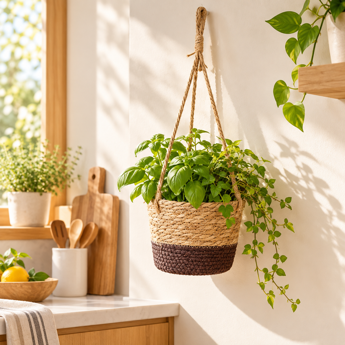 Woven Hanging Planter Basket with Rope – Boho Plant Holder for Indoor Plants, Flowers & Home Decor-cc-092406