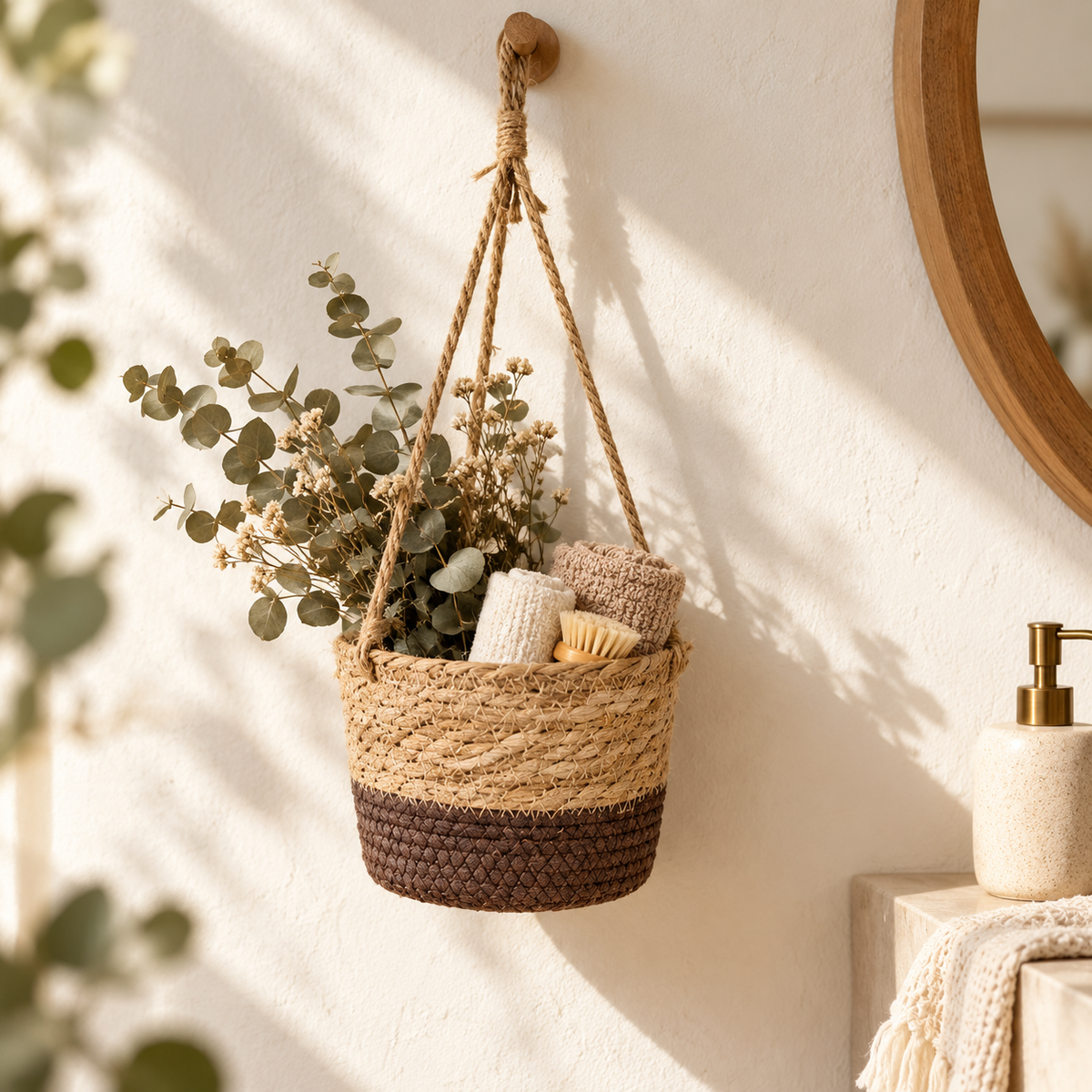 Woven Hanging Planter Basket with Rope – Boho Plant Holder for Indoor Plants, Flowers & Home Decor-cc-092406