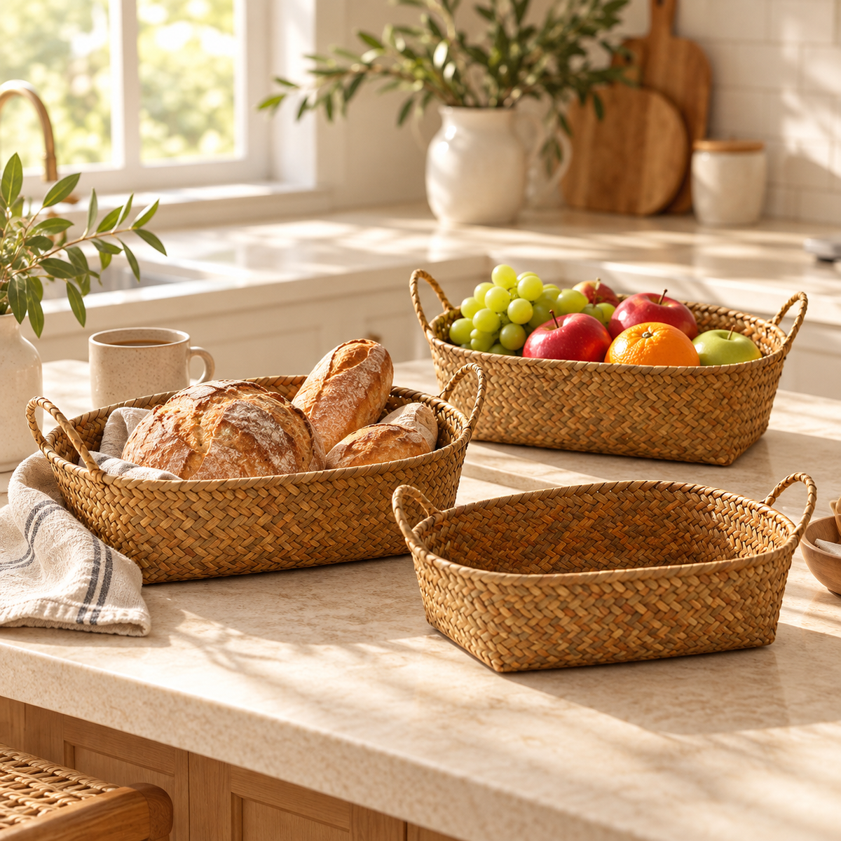 Woven Fruit & Bread Basket with Handles – Natural Rattan Storage Basket for Kitchen Countertop & Dining Table-cc-092408