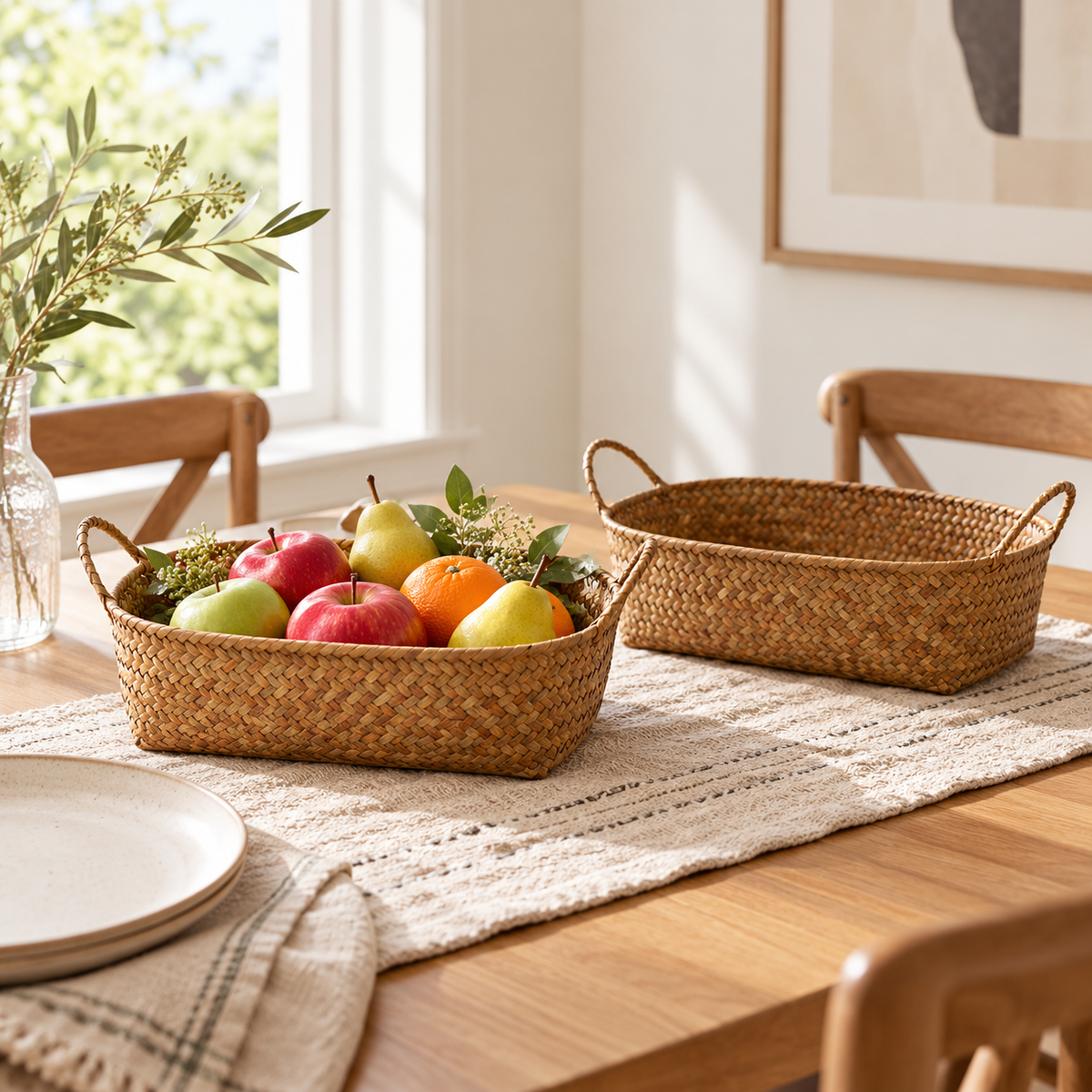 Woven Fruit & Bread Basket with Handles – Natural Rattan Storage Basket for Kitchen Countertop & Dining Table-cc-092408