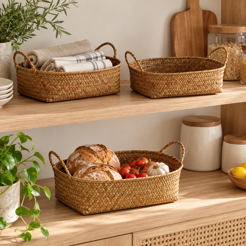 Woven Fruit & Bread Basket with Handles – Natural Rattan Storage Basket for Kitchen Countertop & Dining Table-cc-092408