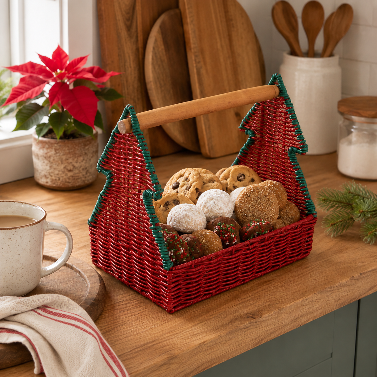 Christmas Tree Woven Gift Basket with Wooden Handle – Holiday Candy, Treat & Gift Storage Caddy－091624-cc