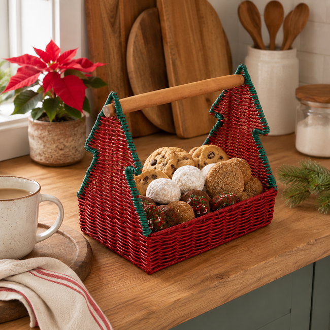 Christmas Tree Woven Gift Basket with Wooden Handle – Holiday Candy, Treat & Gift Storage Caddy－091624-cc Hover Image