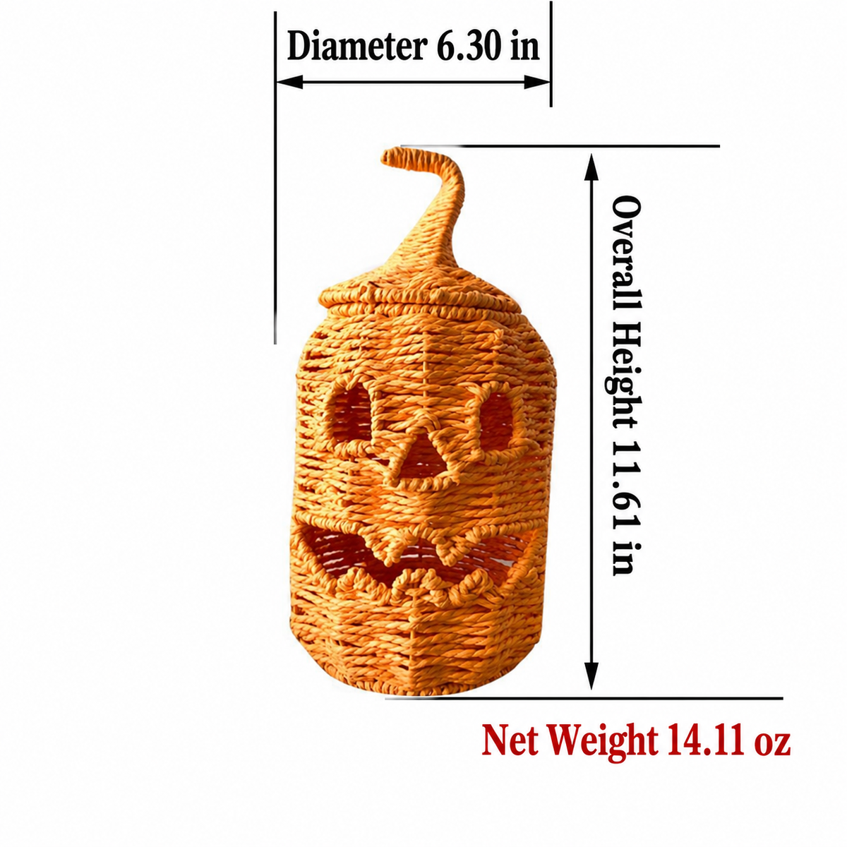 Handwoven Orange Pumpkin Basket with Lid for Halloween, Natural Rattan Woven Storage Basket with Carved Jack-O'-Lantern Face, Candy Bowl and Holiday Decorative Storage Container -cc-091722