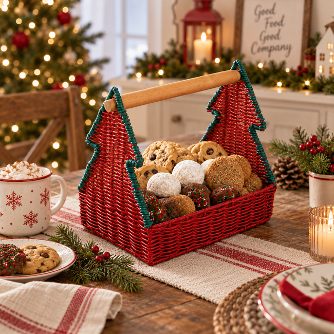 Christmas Tree Woven Gift Basket with Wooden Handle – Holiday Candy, Treat & Gift Storage Caddy－091624-cc Main Image