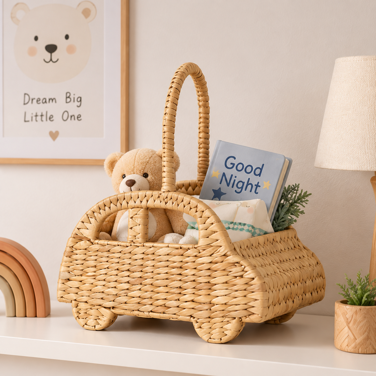 Handwoven Car Shaped Basket with Handle – Easter Gift Basket, Kids Toy & Nursery Storage Organizer-cc-092001