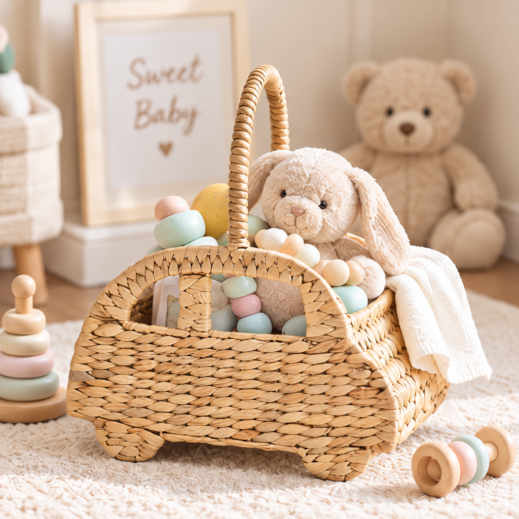 Handwoven Car Shaped Basket with Handle – Easter Gift Basket, Kids Toy & Nursery Storage Organizer-cc-092001