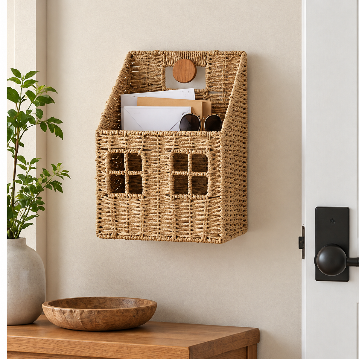 Wall Mounted Woven Straw House Storage Basket Handmade Rattan Wall Organizer with Wooden Handle and Lattice Window Design, Rustic Farmhouse Decorative Wall Hanging Shelf for Keys, Mail, Small Plants -cc-092007