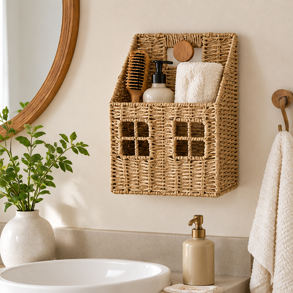 Wall Mounted Woven Straw House Storage Basket Handmade Rattan Wall Organizer with Wooden Handle and Lattice Window Design, Rustic Farmhouse Decorative Wall Hanging Shelf for Keys, Mail, Small Plants -cc-092007