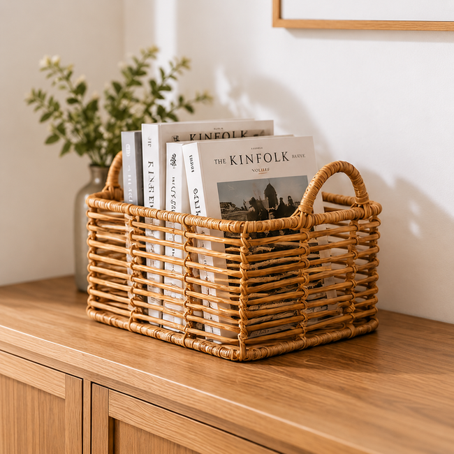 Rectangular Wicker Storage Basket with Handles – Shelf, Pantry & Home Organizer-091608-cc Main Image