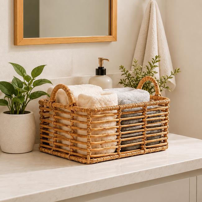 Rectangular Wicker Storage Basket with Handles – Shelf, Pantry & Home Organizer-091608-cc Hover Image