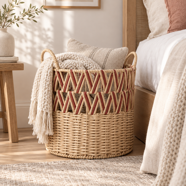 Large Woven Laundry Basket with Handles – Round Decorative Storage Hamper-cc-091720 Hover Image