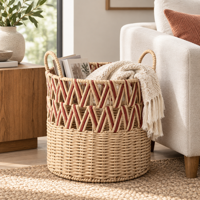 Large Woven Laundry Basket with Handles – Round Decorative Storage Hamper-cc-091720 Main Image