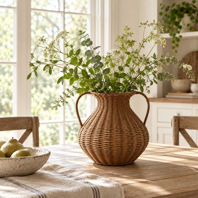 Woven Rattan Vase with Handles – Decorative Flower Basket for Farmhouse, Rustic & Boho Home Decor-091617-cc Hover Image