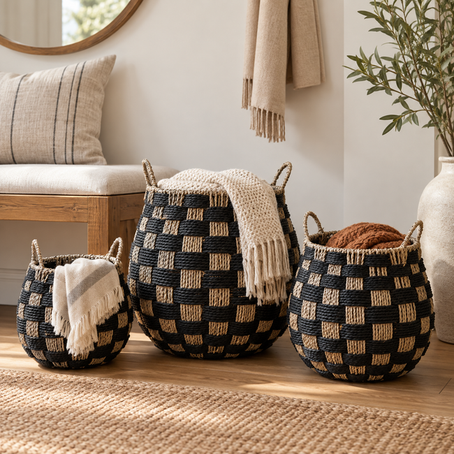 Black & Natural Woven Storage Basket Set with Handles – Decorative Floor Organizer for Living Room, Bedroom & Home-091618-cc Main Image
