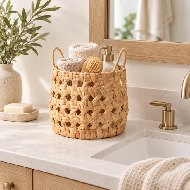 Natural Water Hyacinth Woven Storage Basket with Handles – Round Decorative Organizer for Living Room, Bedroom & Nursery-cc-091804 Main Image
