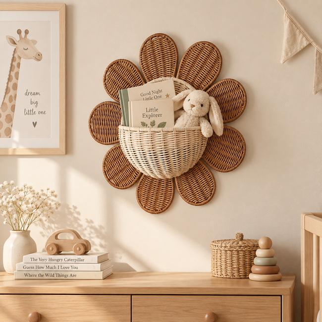 Natural Rattan Flower Wall Basket – Handwoven Hanging Storage Organizer for Bedroom, Nursery & Entryway-cc-091705 Main Image