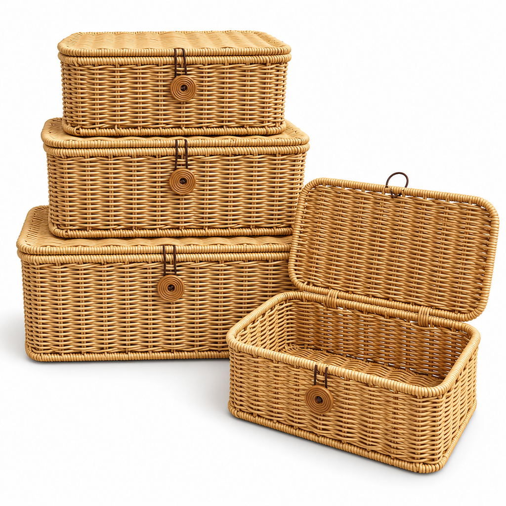 Wicker Storage Baskets with Lids – Rattan Organizer Boxes for Toys, Clothes & Home Storage-cc-092403