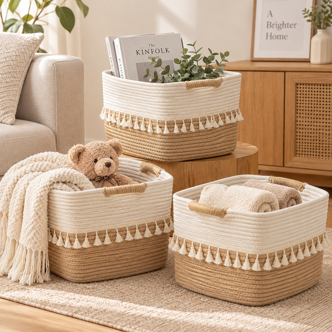 Woven Cotton Rope Storage Baskets – Decorative Organizer Bins with Handles for Toys, Clothes & Shelves-cc-092301 Hover Image