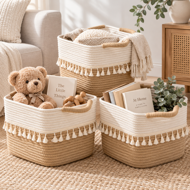 Woven Cotton Rope Storage Baskets – Decorative Organizer Bins with Handles for Toys, Clothes & Shelves-cc-092301 Main Image