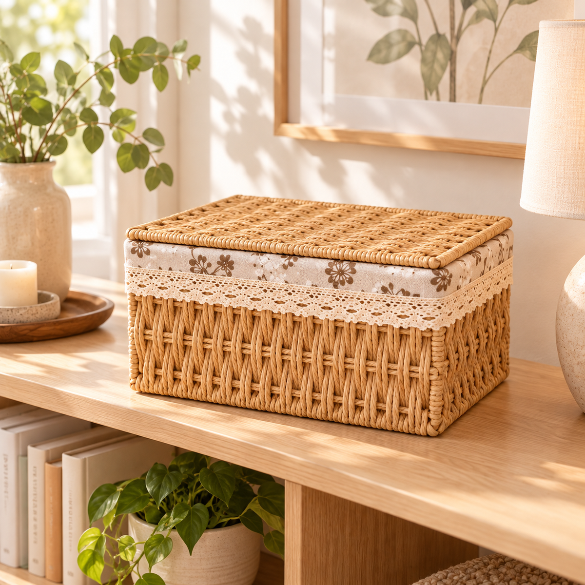 Wicker Storage Baskets with Lids – Woven Rattan Organizer Boxes with Fabric Lining-cc-092401