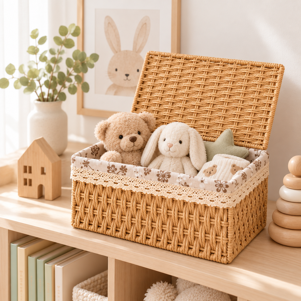 Wicker Storage Baskets with Lids – Woven Rattan Organizer Boxes with Fabric Lining-cc-092401