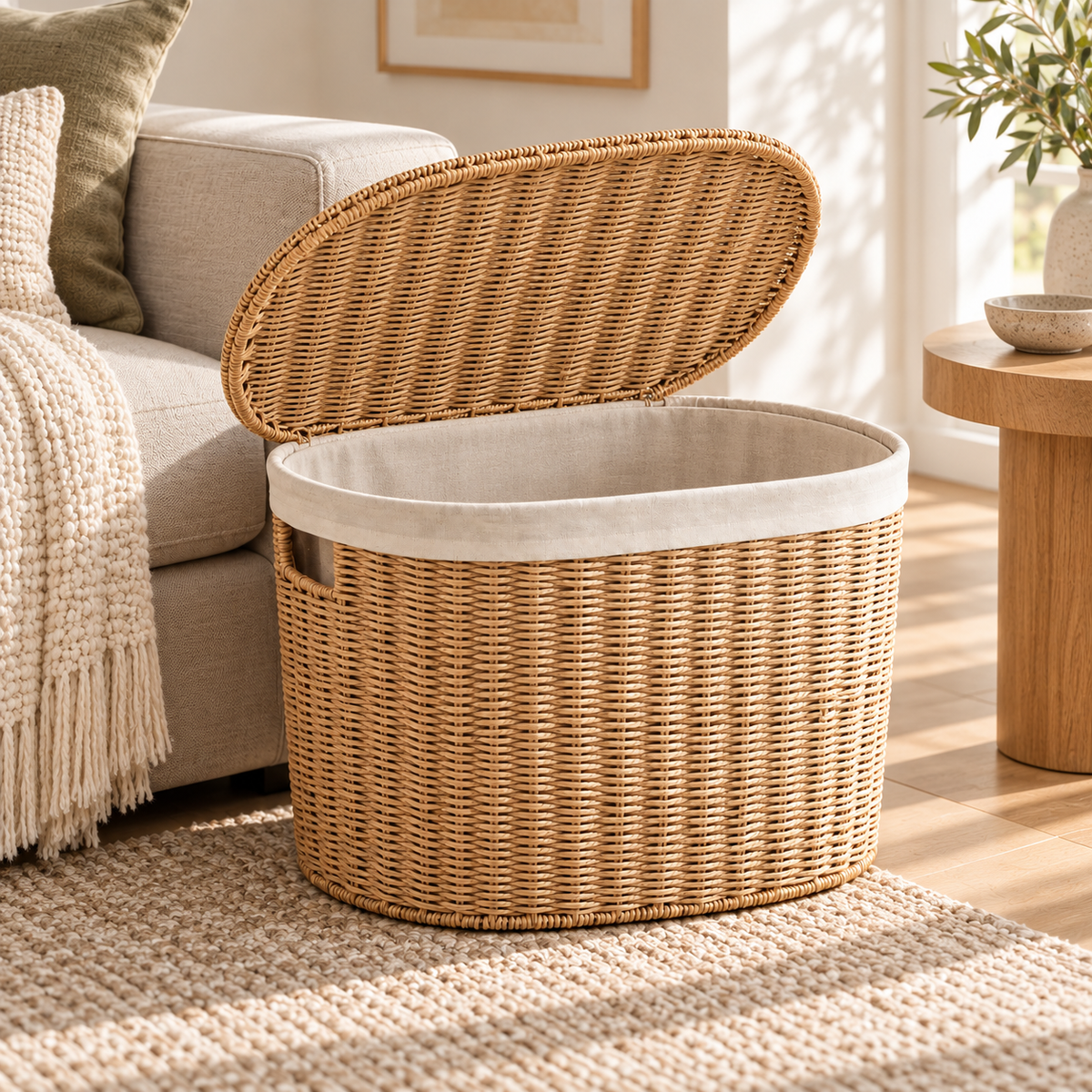 Wicker Laundry Hamper with Lid – Large Woven Storage Basket with Handles for Clothes, Blankets & Toys-cc-092402