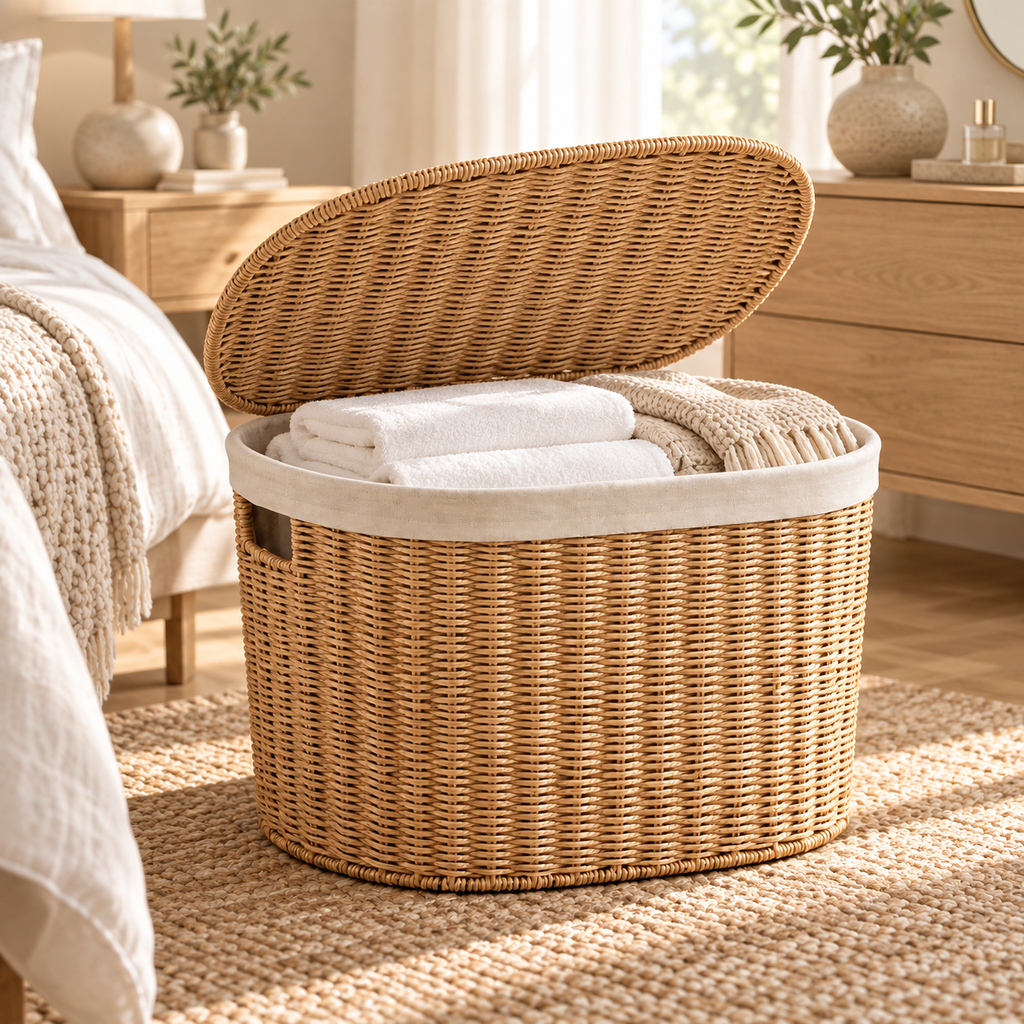 Wicker Laundry Hamper with Lid – Large Woven Storage Basket with Handles for Clothes, Blankets & Toys-cc-092402