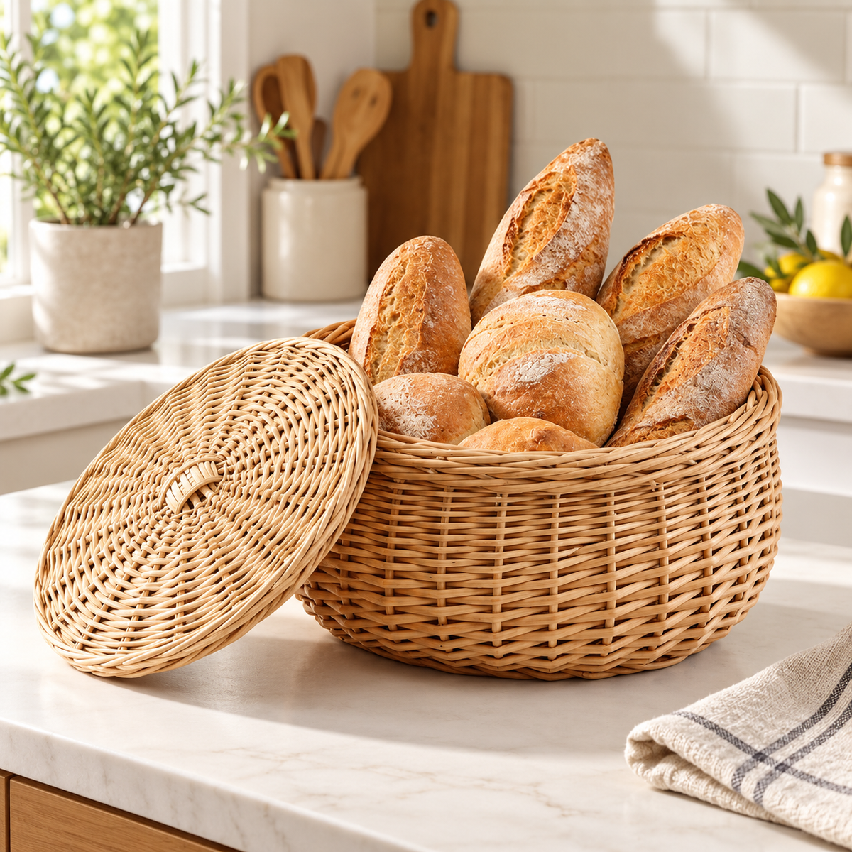 Wicker Bread & Fruit Basket with Lid – Round Rattan Storage Basket for Kitchen Countertop & Dining Table-cc-092407
