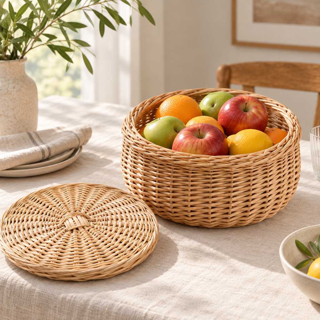 Wicker Bread & Fruit Basket with Lid – Round Rattan Storage Basket for Kitchen Countertop & Dining Table-cc-092407