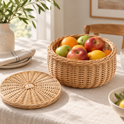 Wicker Bread & Fruit Basket with Lid – Round Rattan Storage Basket for Kitchen Countertop & Dining Table-cc-092407