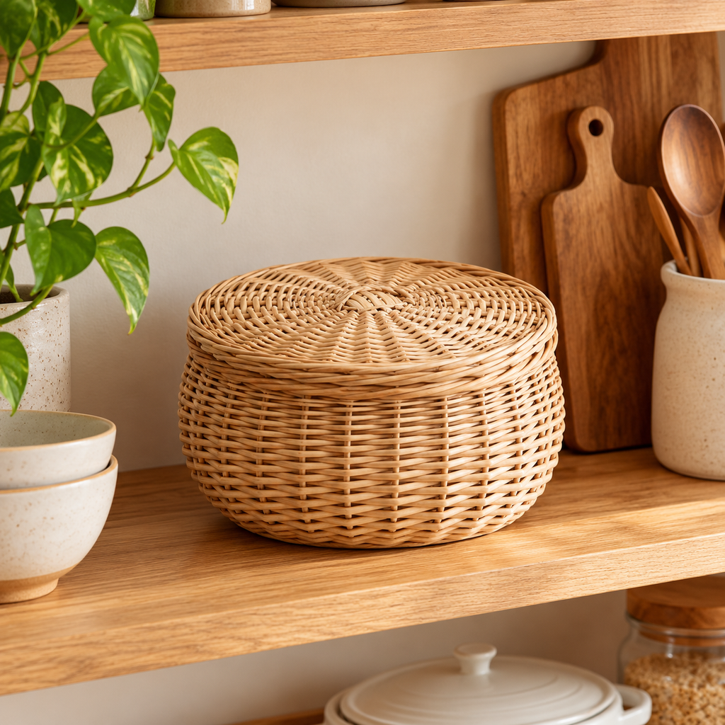 Wicker Bread & Fruit Basket with Lid – Round Rattan Storage Basket for Kitchen Countertop & Dining Table-cc-092407