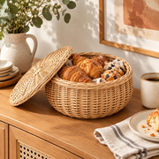 Wicker Bread & Fruit Basket with Lid – Round Rattan Storage Basket for Kitchen Countertop & Dining Table-cc-092407