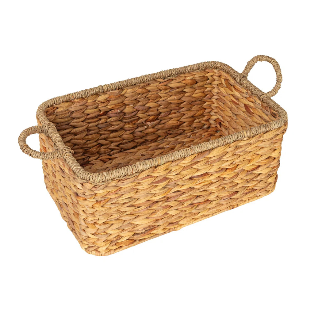 Rectangular hand-woven water hyacinth and seagrass basket with handles