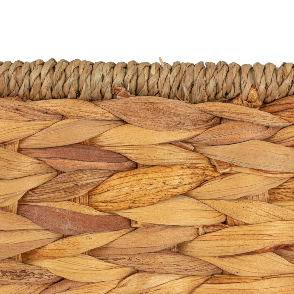 Rectangular hand-woven water hyacinth and seagrass basket with handles