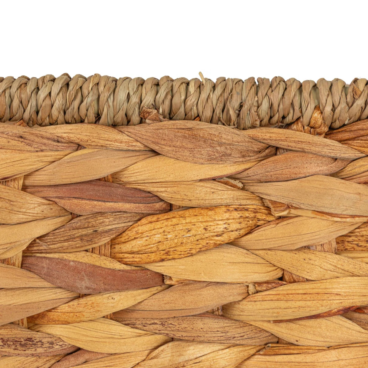 Rectangular hand-woven water hyacinth and seagrass basket with handles