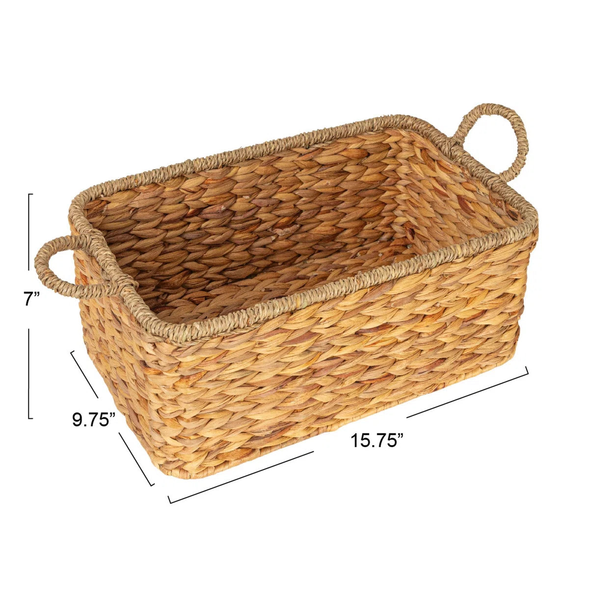 Rectangular hand-woven water hyacinth and seagrass basket with handles
