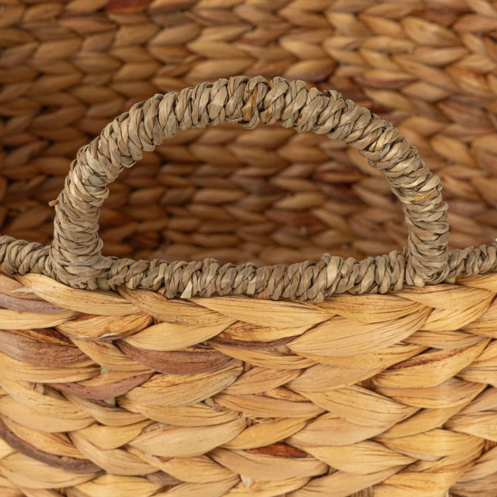 Rectangular hand-woven water hyacinth and seagrass basket with handles