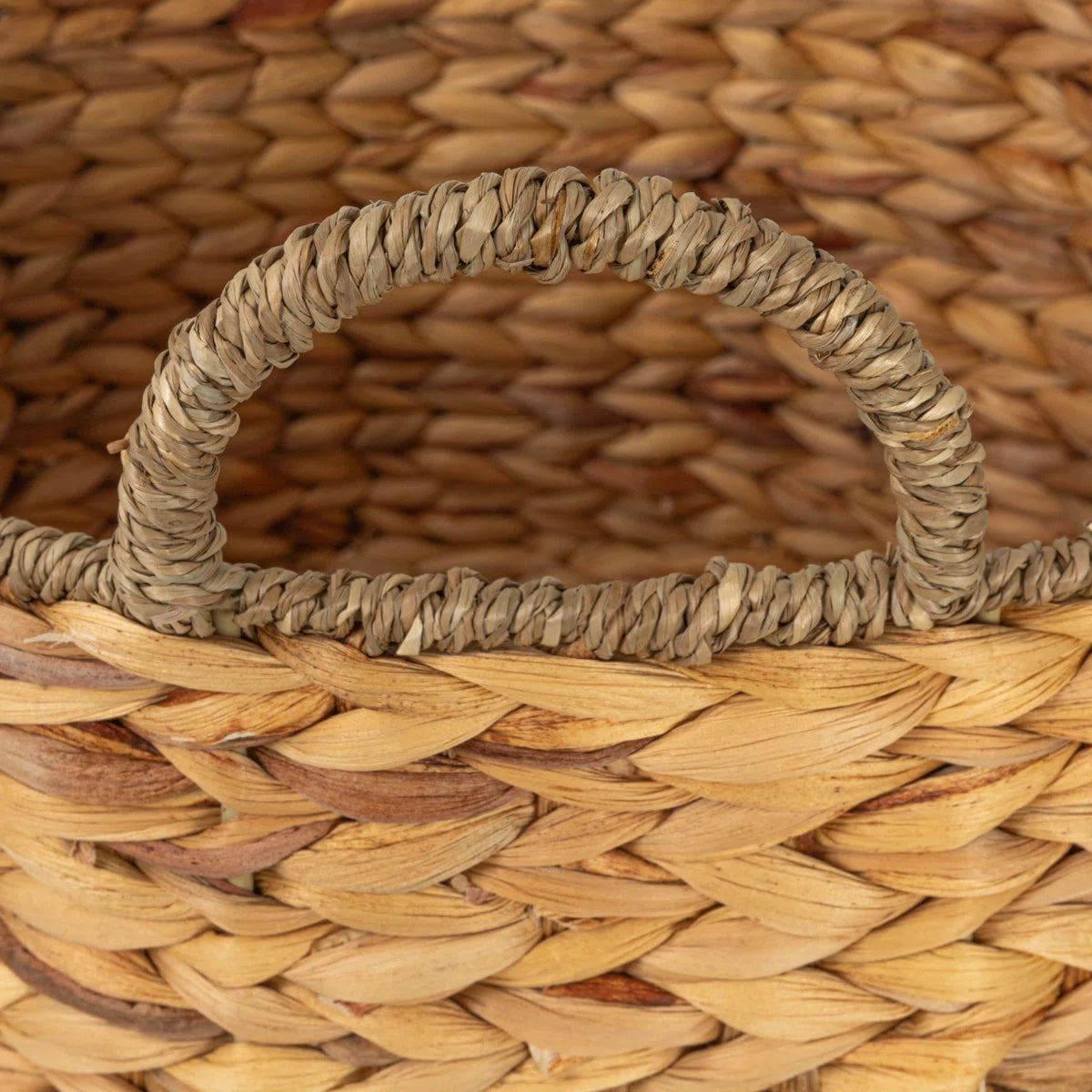 Rectangular hand-woven water hyacinth and seagrass basket with handles