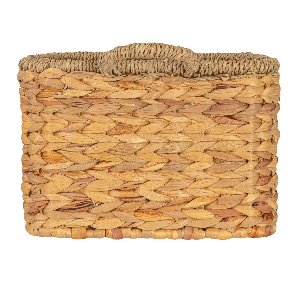 Rectangular hand-woven water hyacinth and seagrass basket with handles